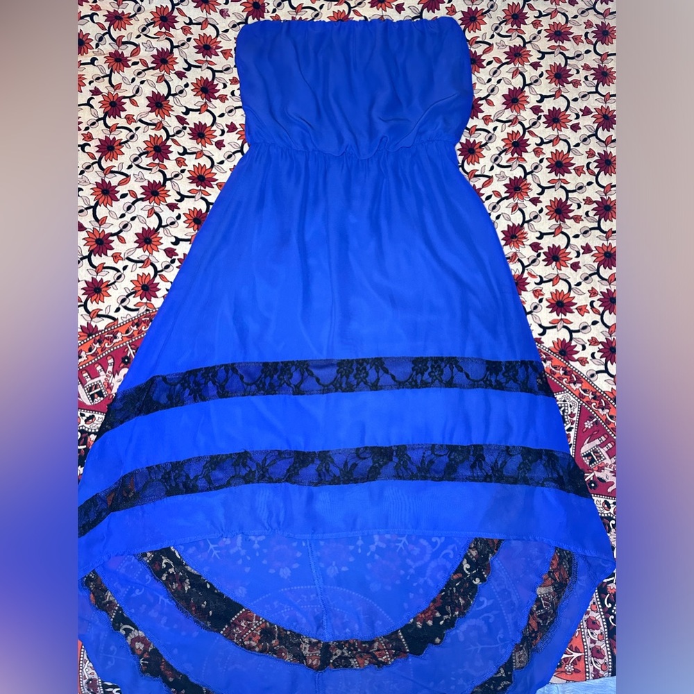 2010s Blue & Black High-Low Strapless Dress
